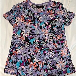 Floral Print Women’s Scrub Top - Black with Purple & Teal Flowers